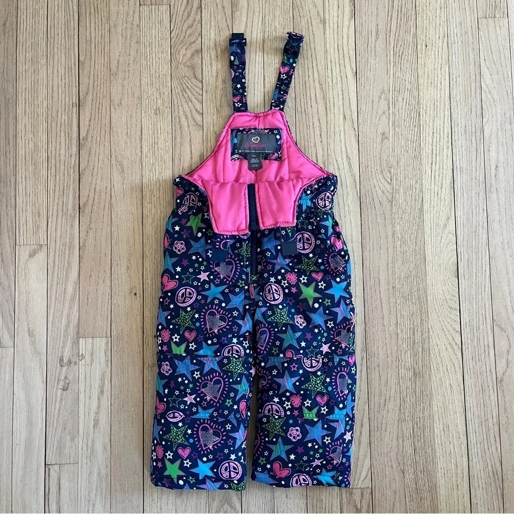 Skechers Size 2T Stars & Hearts Printed Snow Bib Overalls